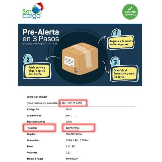 Ejemplo Correo de recepción de paquete (bm cargo) solicitar Reembolso de impuestos a amazon